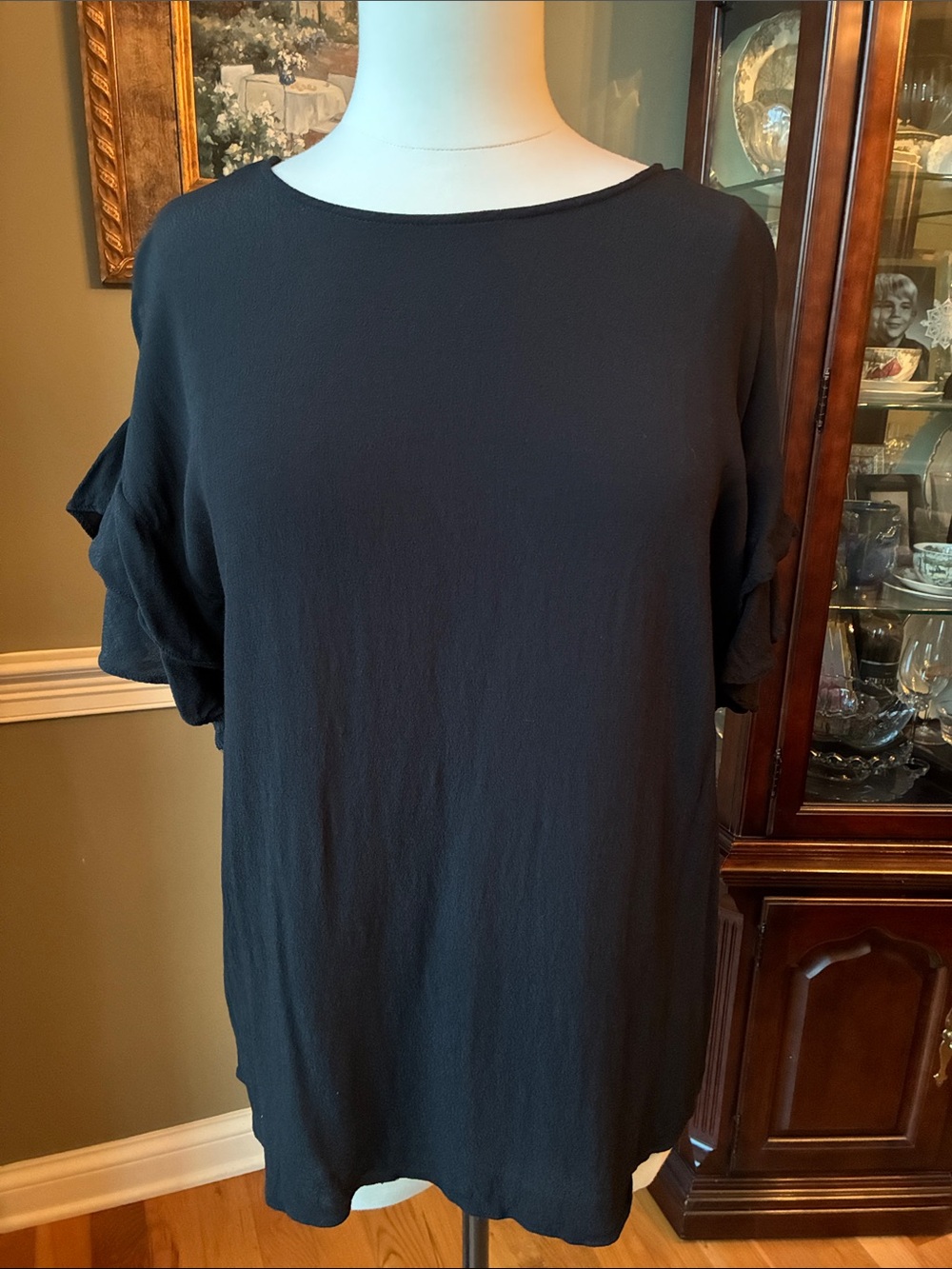Mustard Seed Black Ruffle Sleeve Women's Blouse Size Large